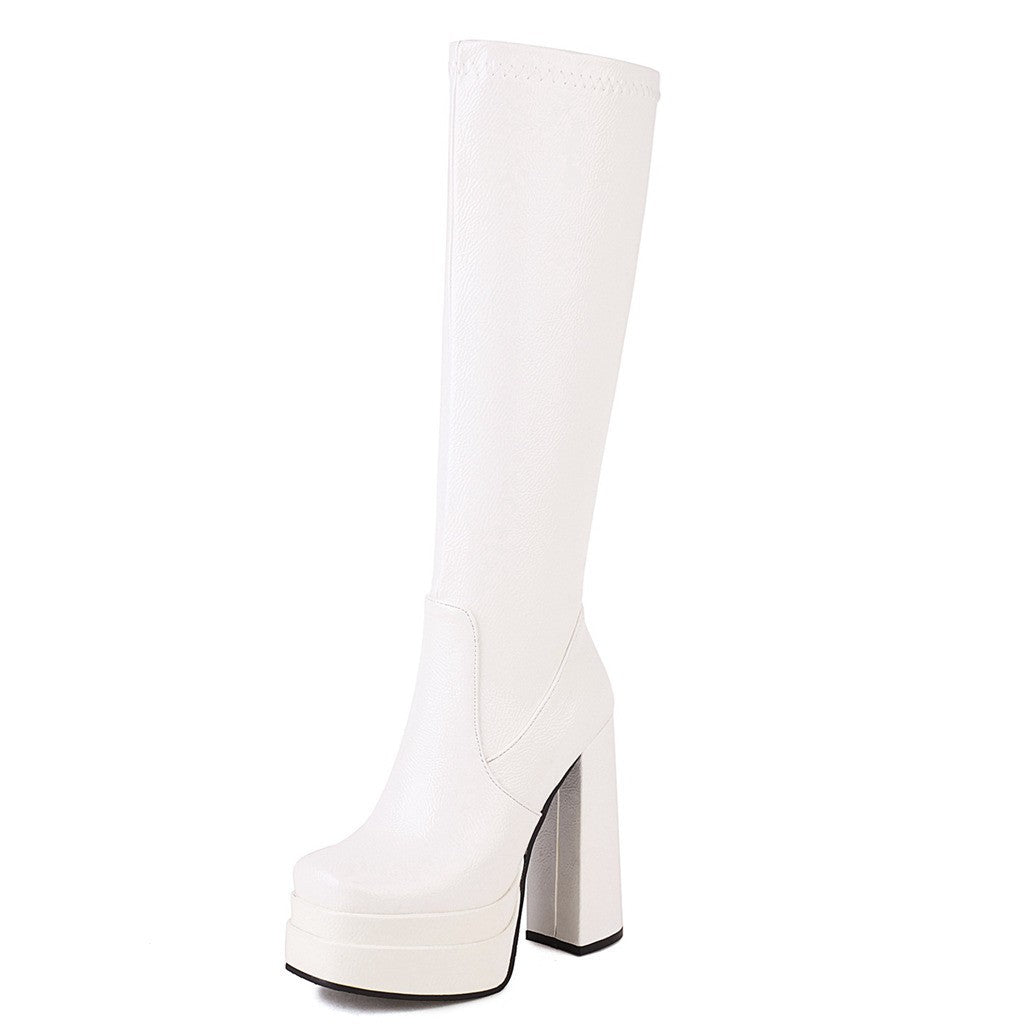Patent Platform Knee High Boots