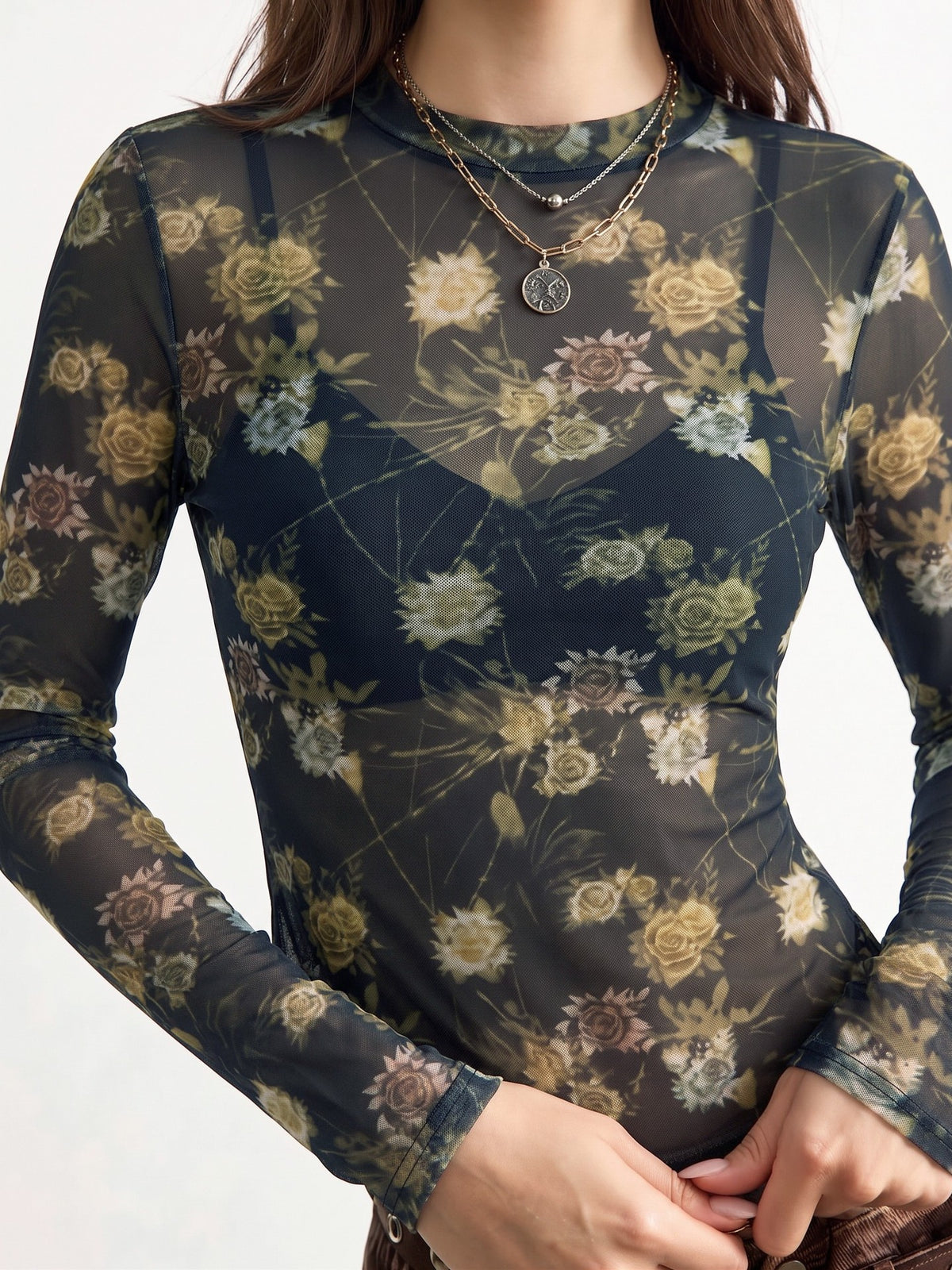Sheer Floral Mesh Long Sleeve Crew Neck Blouse - Black