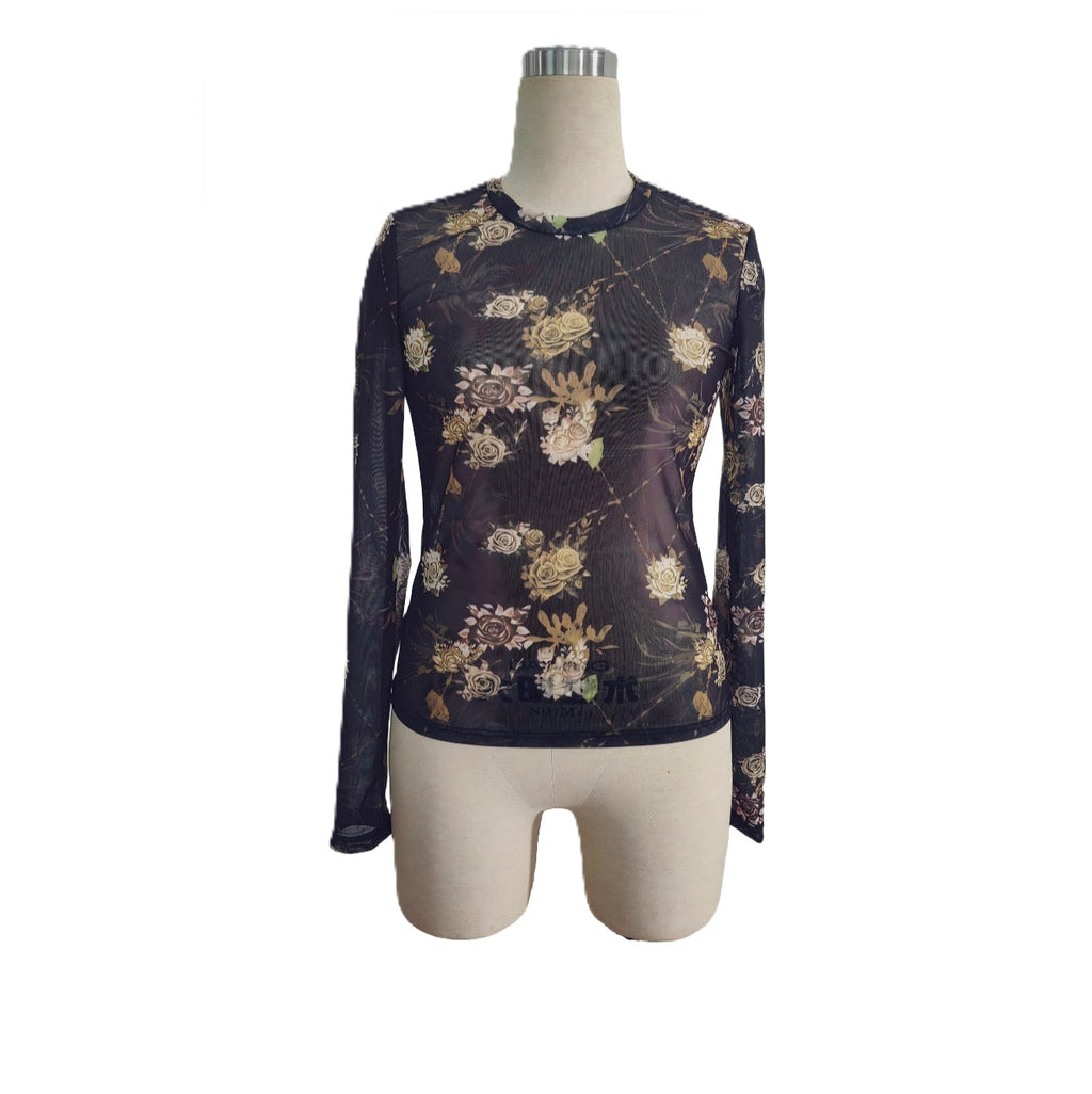 Sheer Floral Mesh Long Sleeve Crew Neck Blouse - Black - 1