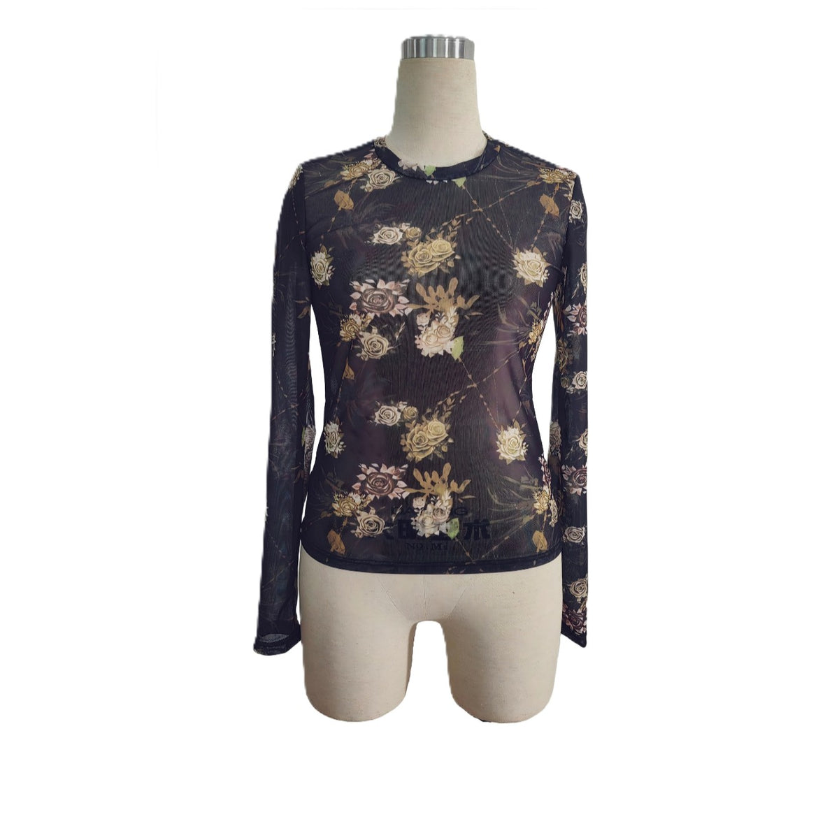 Sheer Floral Mesh Long Sleeve Crew Neck Blouse - Black - 1