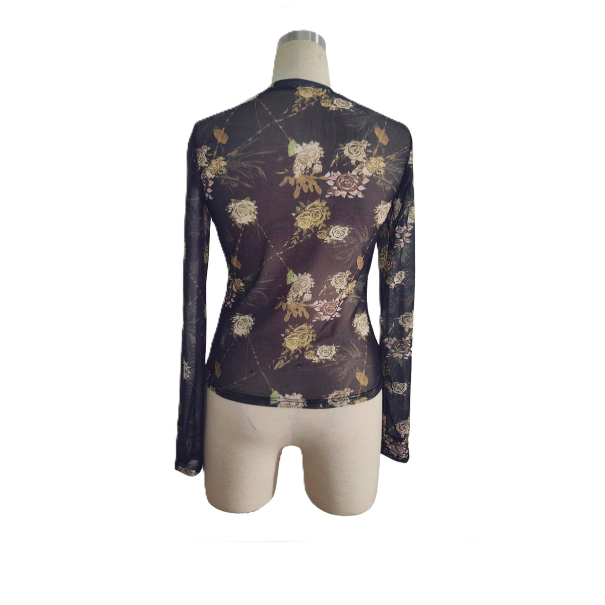 Sheer Floral Mesh Long Sleeve Crew Neck Blouse - Black - 2