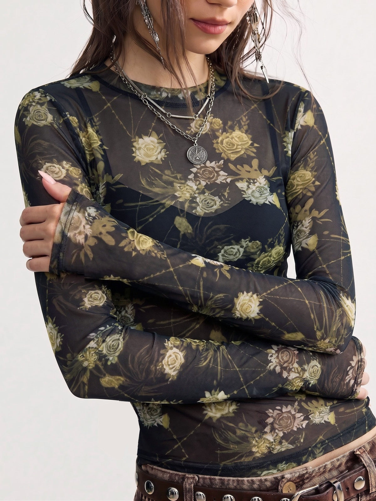 Sheer Floral Mesh Long Sleeve Crew Neck Blouse - Black - 4