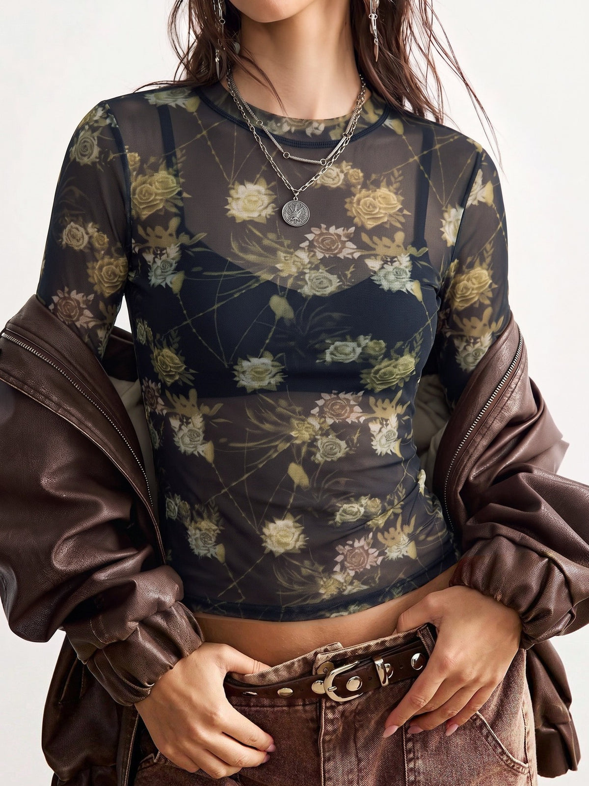 Sheer Floral Mesh Long Sleeve Crew Neck Blouse - Black - 5