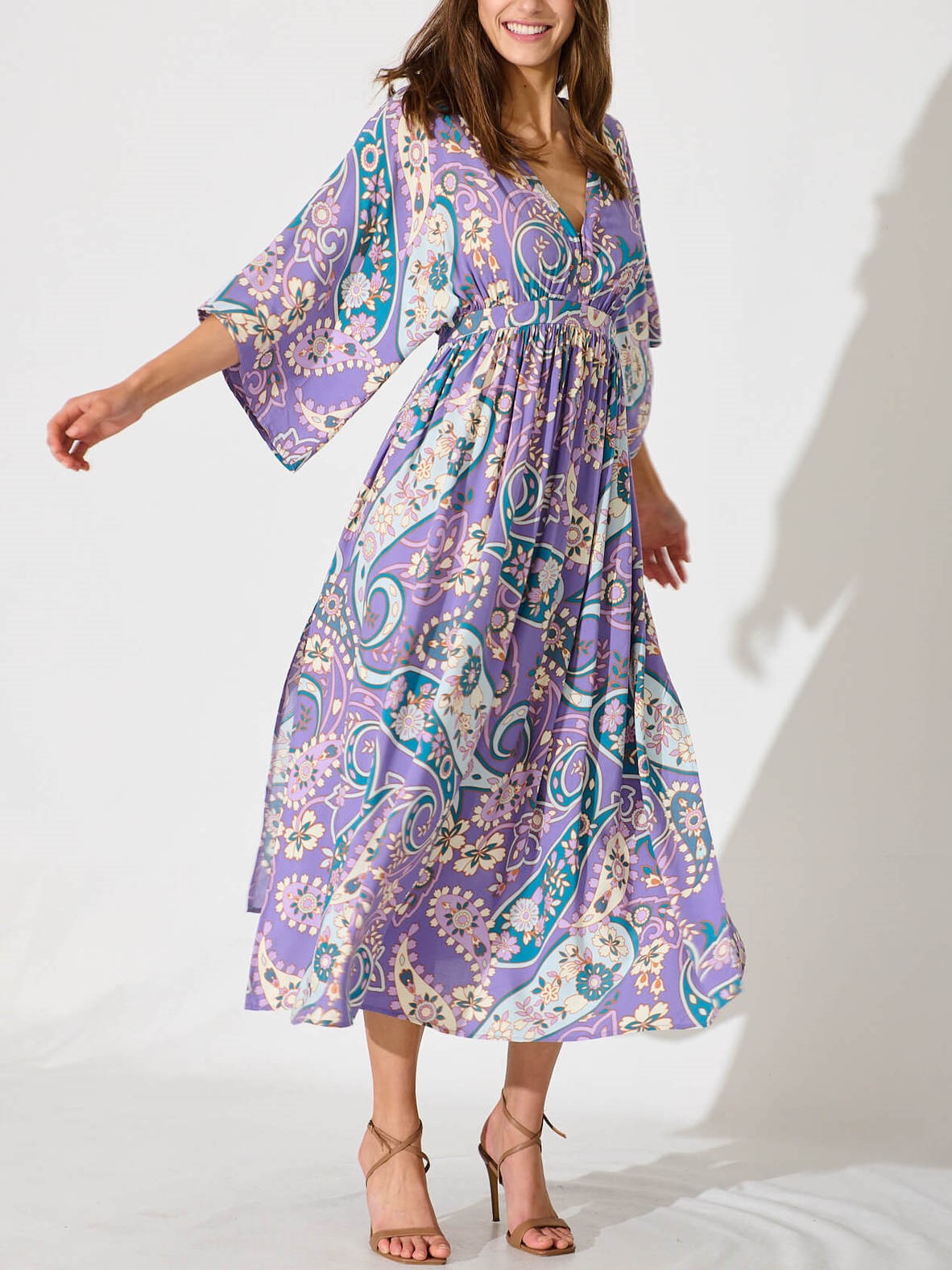 Boho Paisley Kimono Sleeve Wrap Midi Dress - Purple
