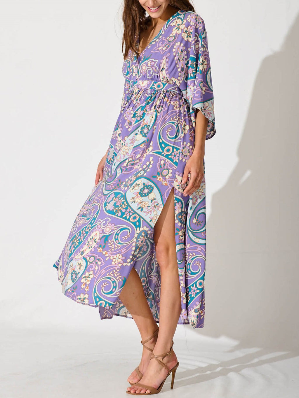 Boho Paisley Kimono Sleeve Wrap Midi Dress - Purple - 2