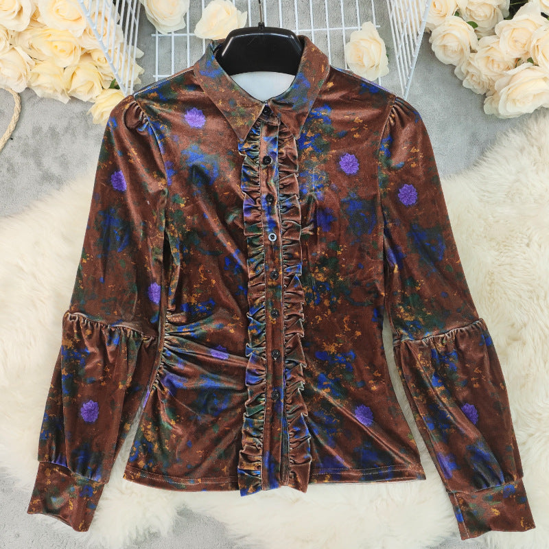 Floral Velvet Ruffle Placket Blouse - Brown