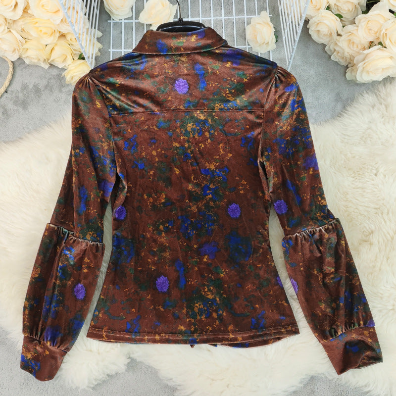 Floral Velvet Ruffle Placket Blouse - Brown - 1