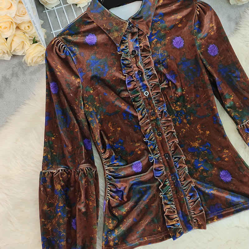 Floral Velvet Ruffle Placket Blouse - Brown - 2