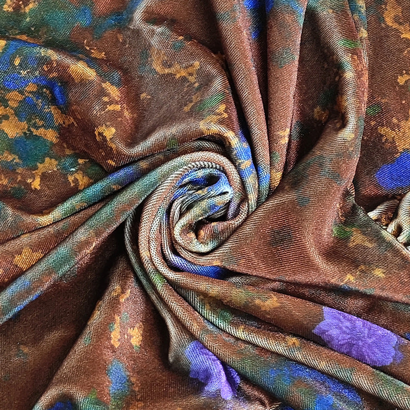 Floral Velvet Ruffle Placket Blouse - Brown - 3