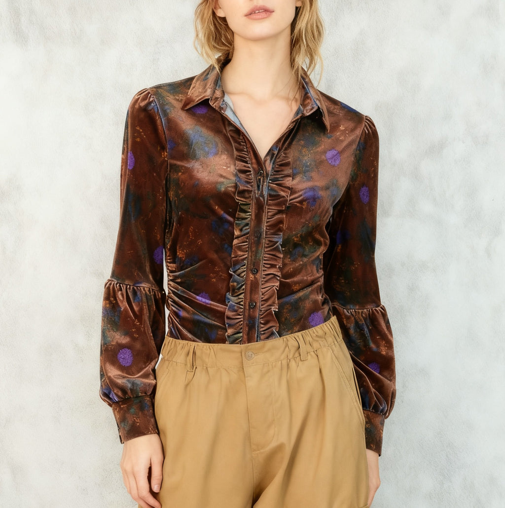 Floral Velvet Ruffle Placket Blouse