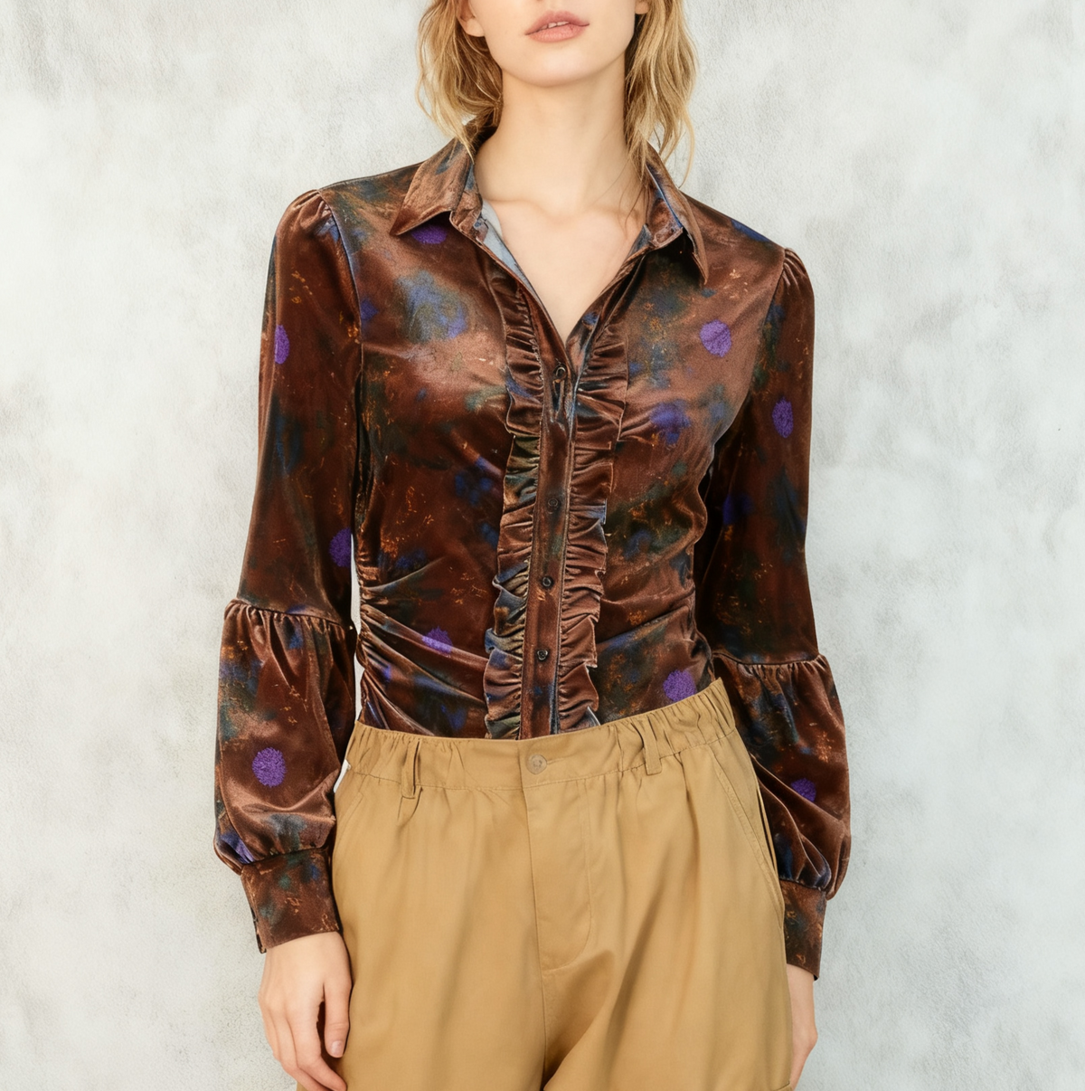 Floral Velvet Ruffle Placket Blouse - view 1