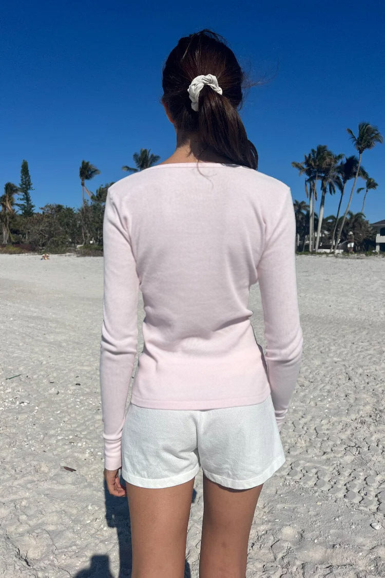 Ribbed Henley Long Sleeve Fitted Top - Pink - 1