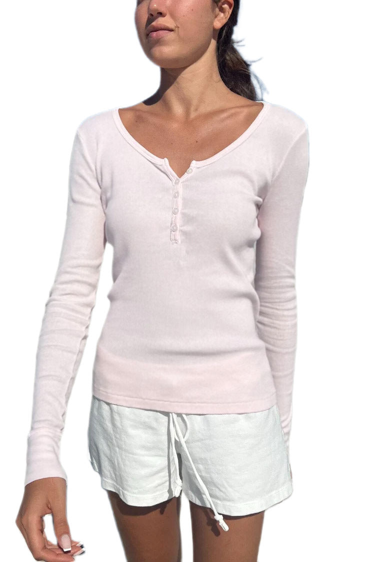 Ribbed Henley Long Sleeve Fitted Top - Pink - 3