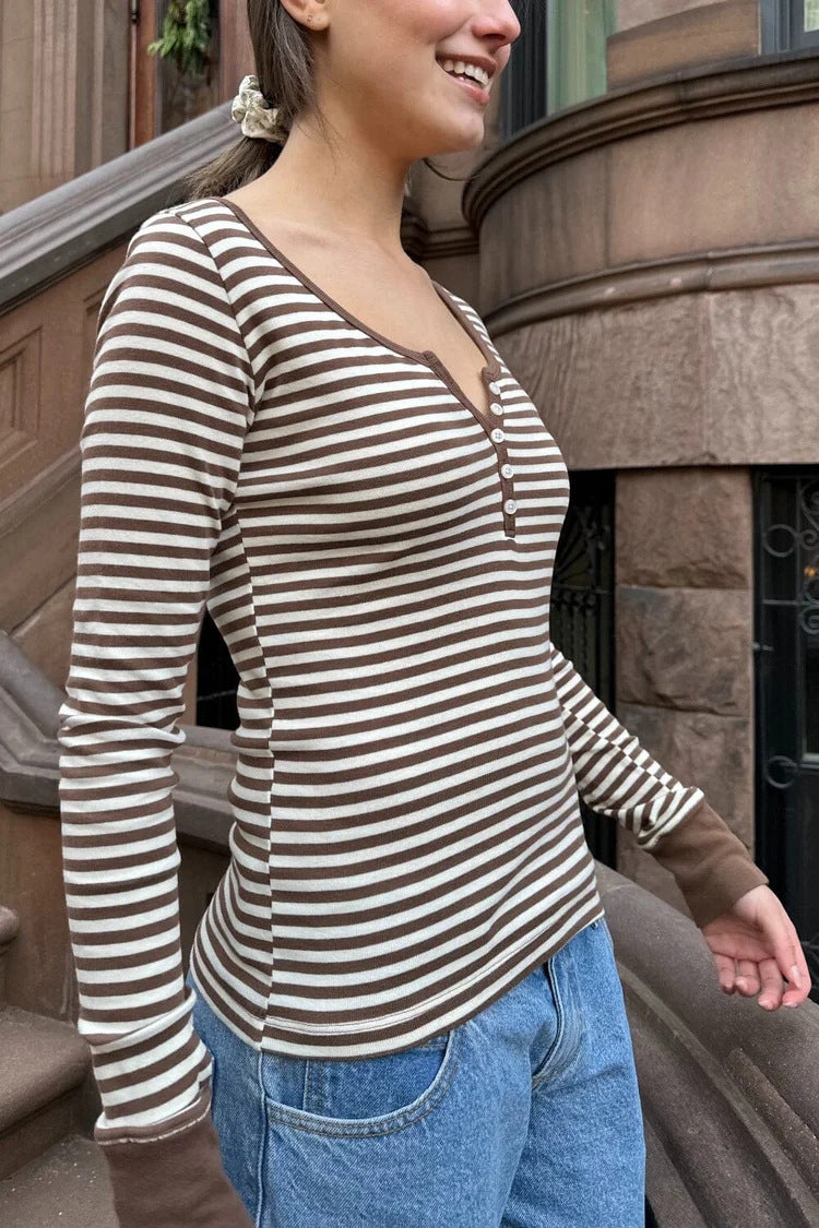 Ribbed Henley Long Sleeve Fitted Top - Sbrown - 2