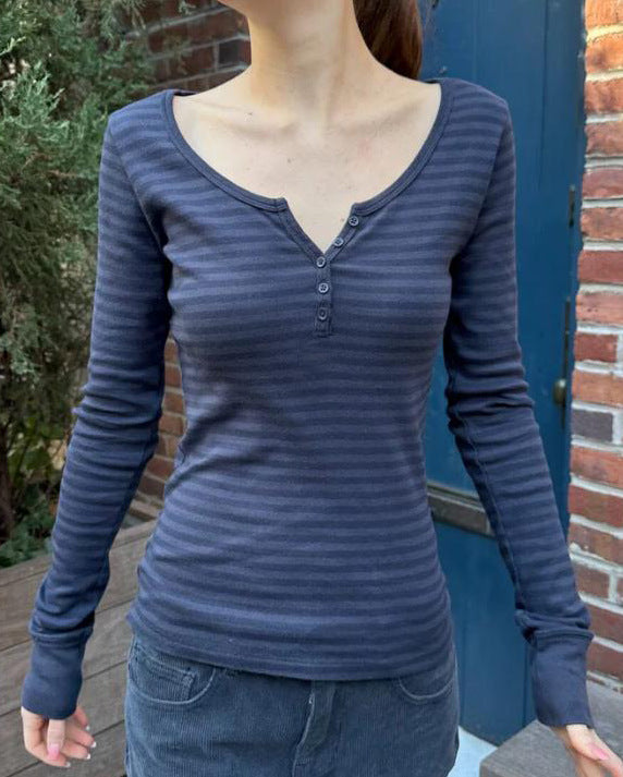 Ribbed Henley Long Sleeve Fitted Top - Snavy - 2