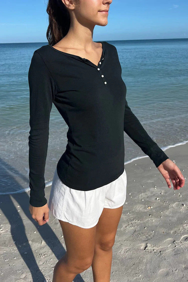 Ribbed Henley Long Sleeve Fitted Top - black - 2