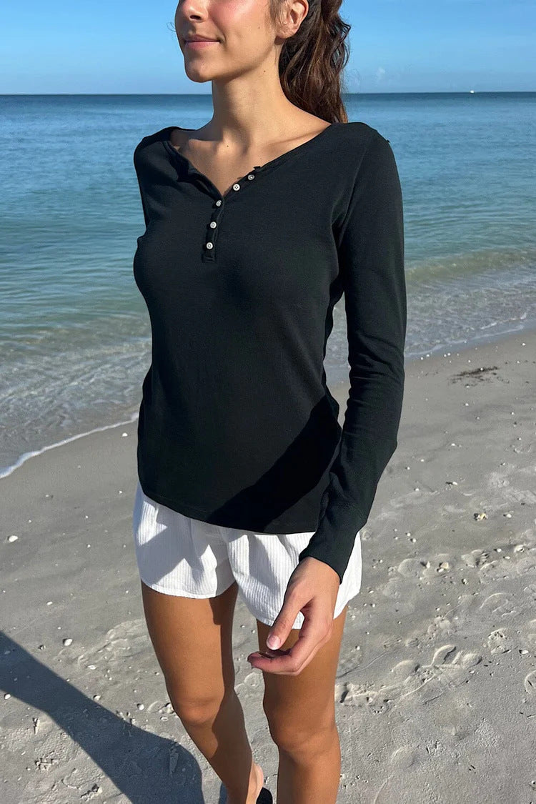 Ribbed Henley Long Sleeve Fitted Top - black - 3