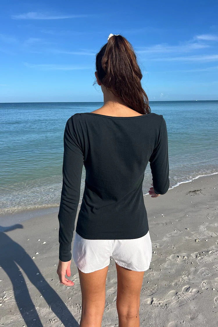 Ribbed Henley Long Sleeve Fitted Top - navy - 4