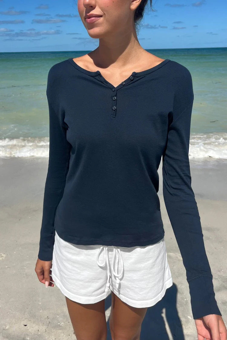 Ribbed Henley Long Sleeve Fitted Top - navy - 5
