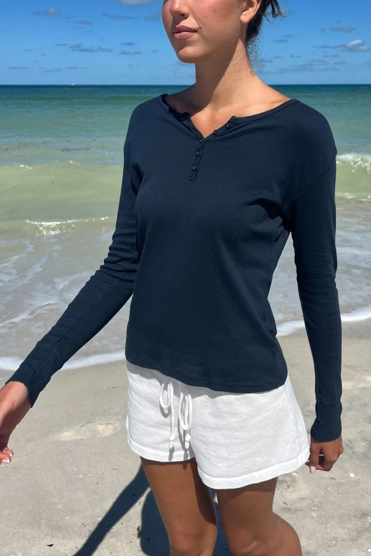Ribbed Henley Long Sleeve Fitted Top - navy - 6