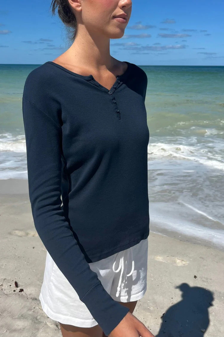 Ribbed Henley Long Sleeve Fitted Top - navy - 7