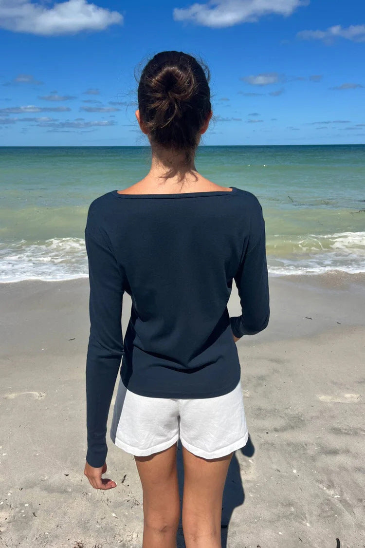 Ribbed Henley Long Sleeve Fitted Top - navy - 8