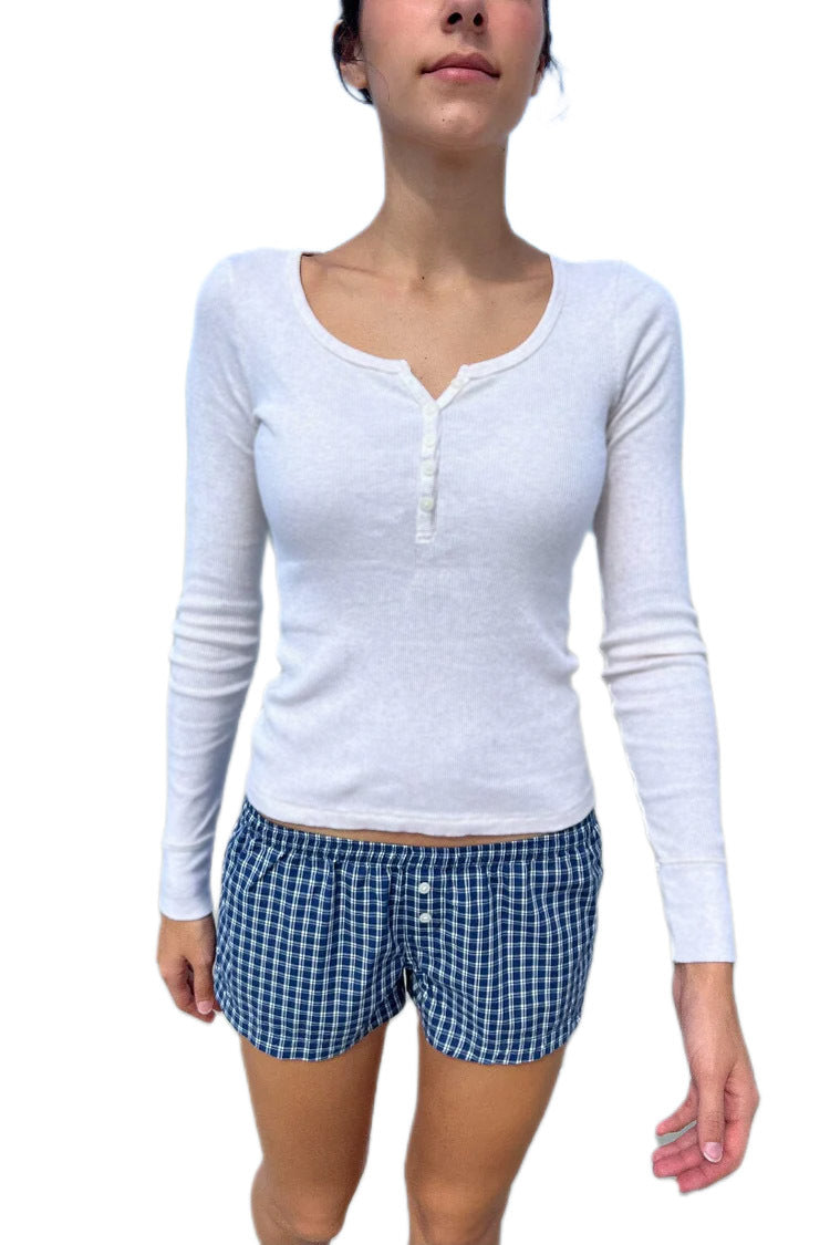 Ribbed Henley Long Sleeve Fitted Top - white - 2