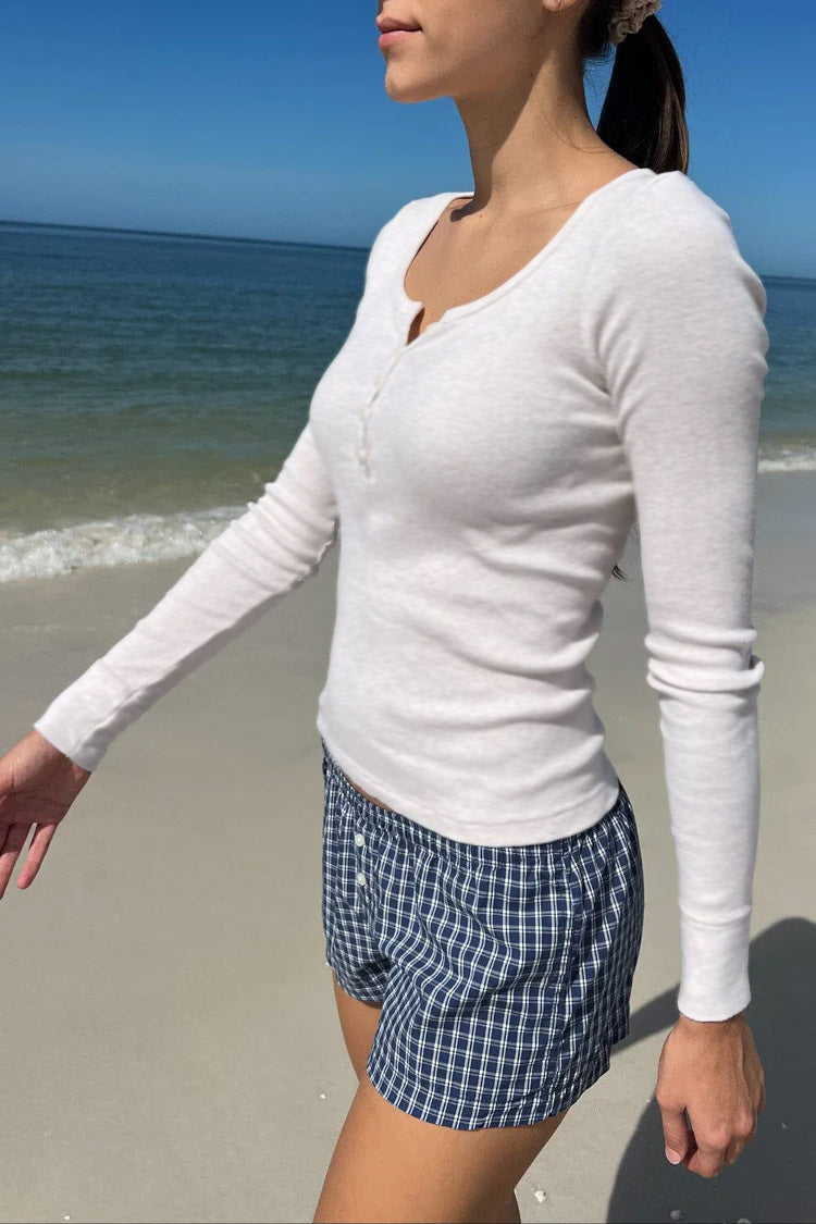 Ribbed Henley Long Sleeve Fitted Top - white - 3