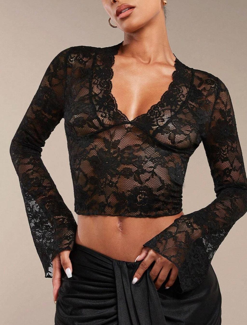 Sheer Lace Plunge Bell Sleeve Crop Top - Black