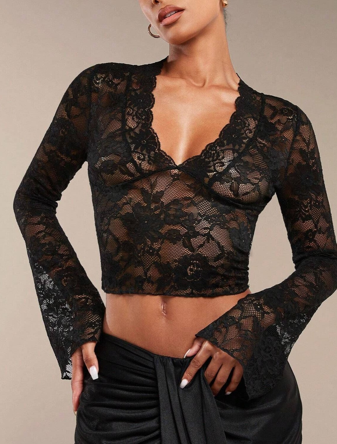 Sheer Lace Plunge Bell Sleeve Crop Top - Black