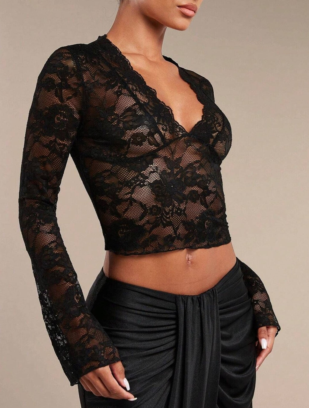 Sheer Lace Plunge Bell Sleeve Crop Top - Black - 1