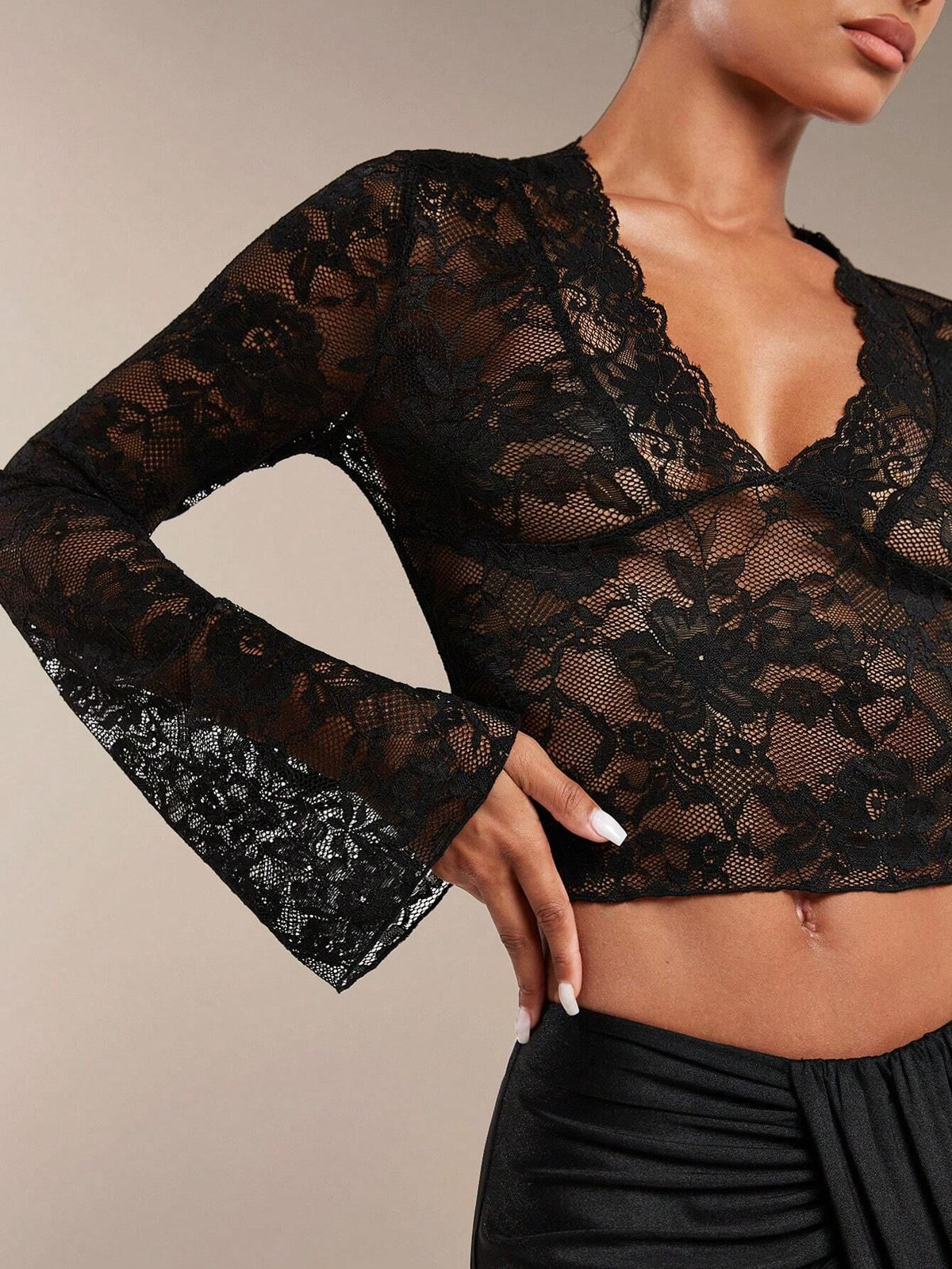 Sheer Lace Plunge Bell Sleeve Crop Top - Black - 2