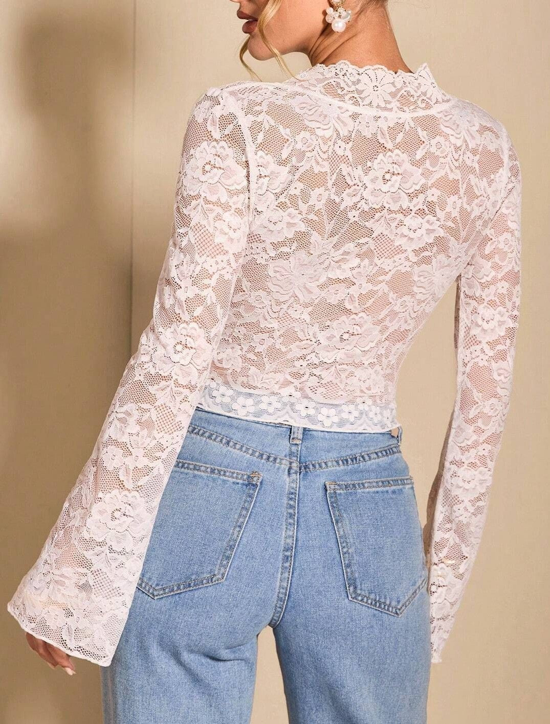 Sheer Lace Plunge Bell Sleeve Crop Top - White - 2