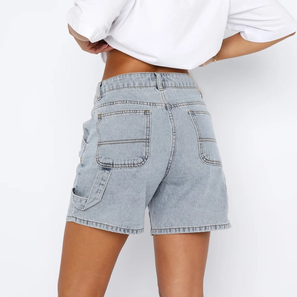 Washed Carpenter Denim Straight Leg Shorts - Blue - 3