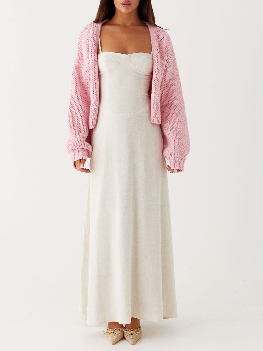 Chunky Knit Cropped Balloon Sleeve Cardigan - Pink - 1