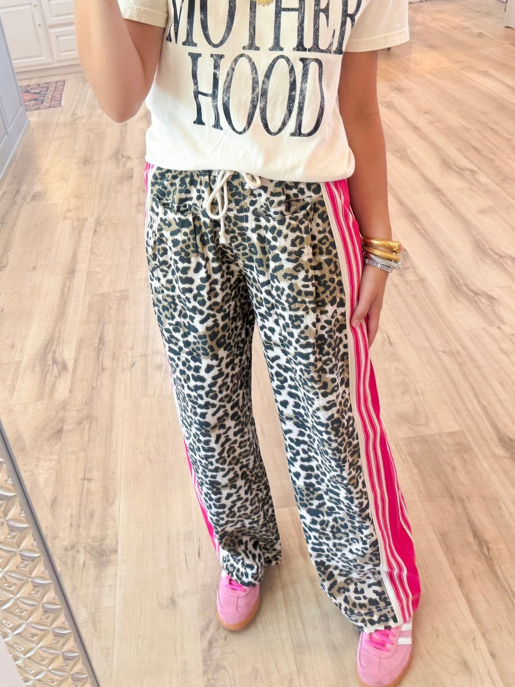 Leopard Print Side Stripe Drawstring Pants - Leopard
