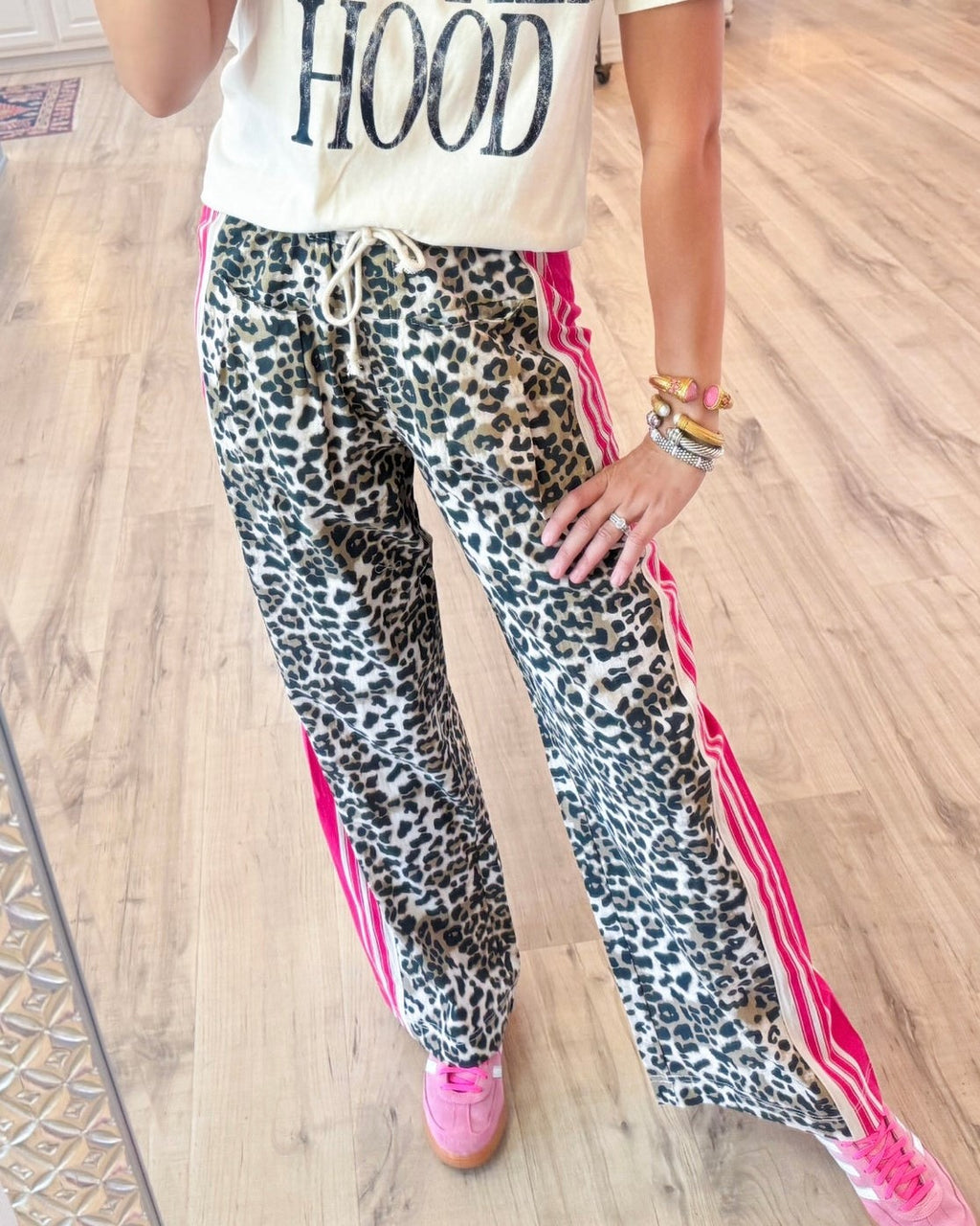 Leopard Print Side Stripe Drawstring Pants - Leopard - 1