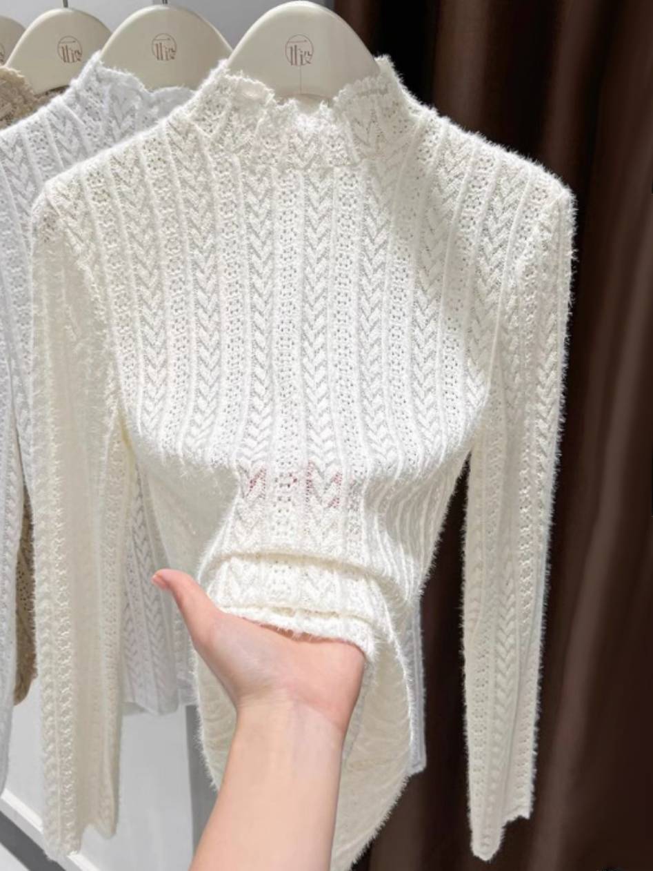 Sheer Pointelle Knit Mock Neck Layering Top - Beige - 2
