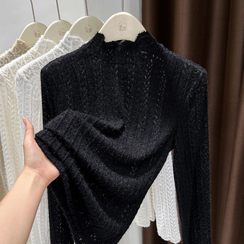 Sheer Pointelle Knit Mock Neck Layering Top - black