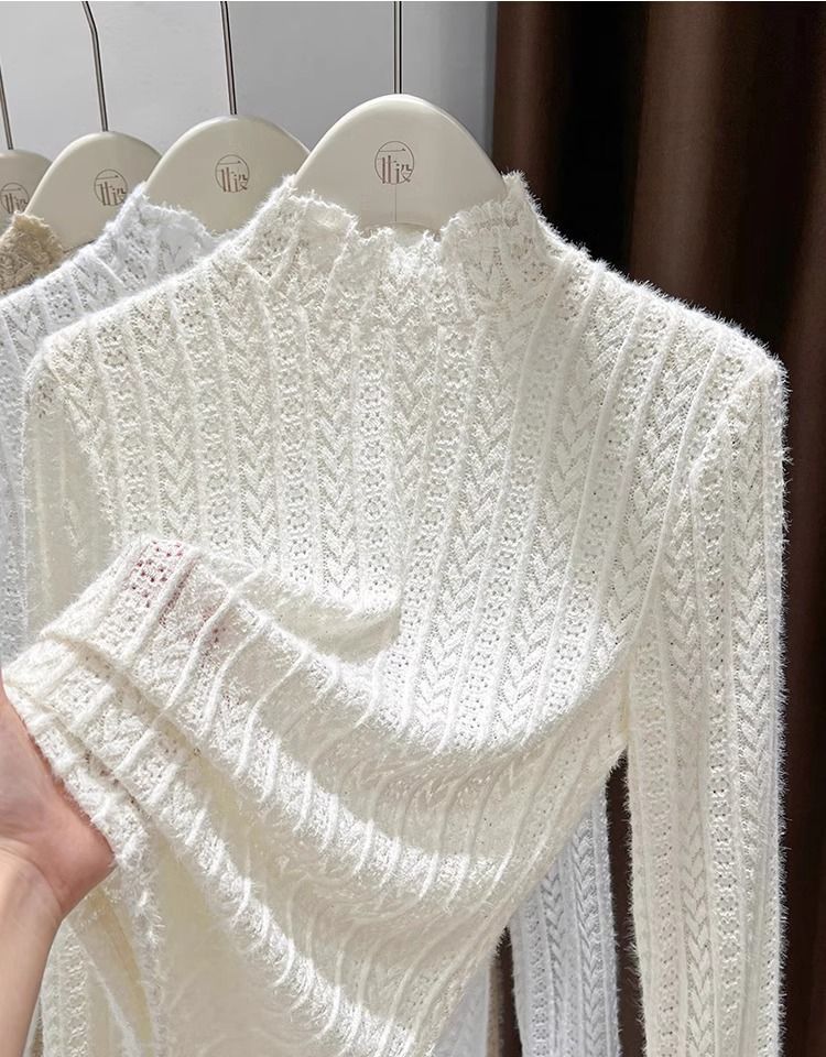 Sheer Pointelle Knit Mock Neck Layering Top