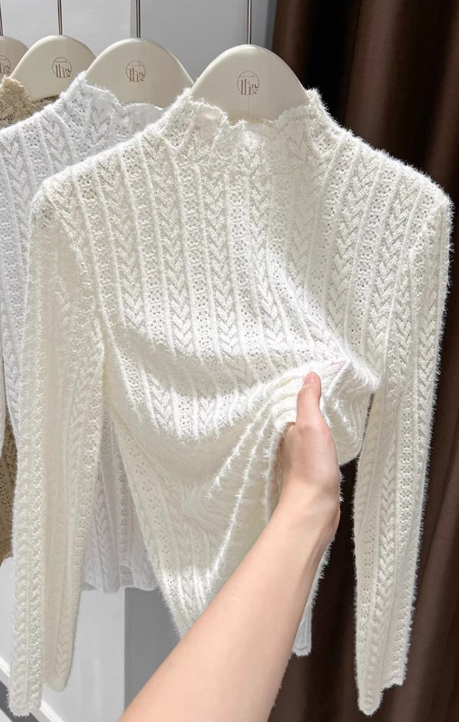Sheer Pointelle Knit Mock Neck Layering Top - view 15