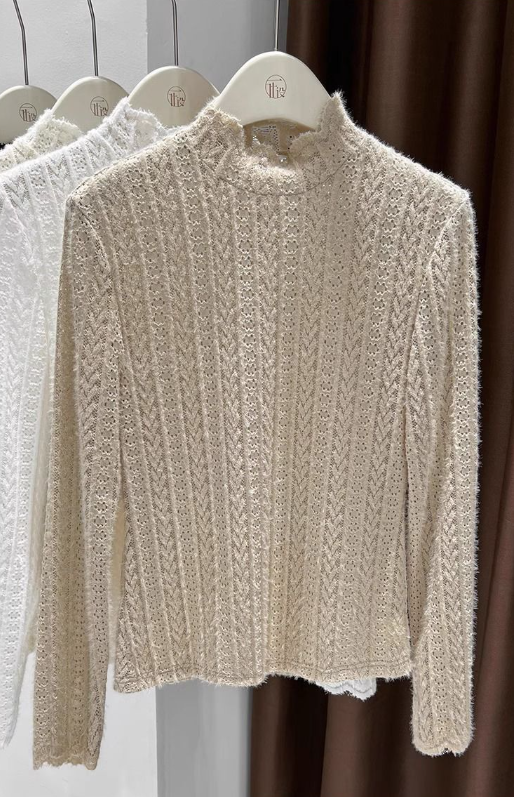 Sheer Pointelle Knit Mock Neck Layering Top - view 16