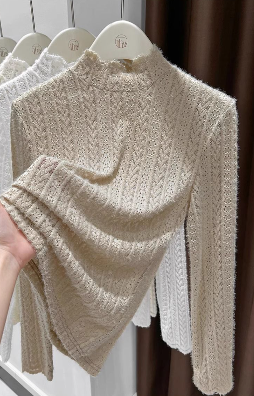Sheer Pointelle Knit Mock Neck Layering Top - view 17