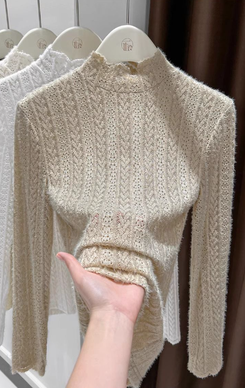 Sheer Pointelle Knit Mock Neck Layering Top - view 18