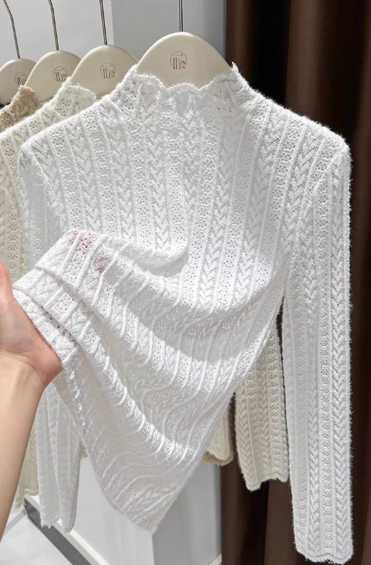 Sheer Pointelle Knit Mock Neck Layering Top - view 19