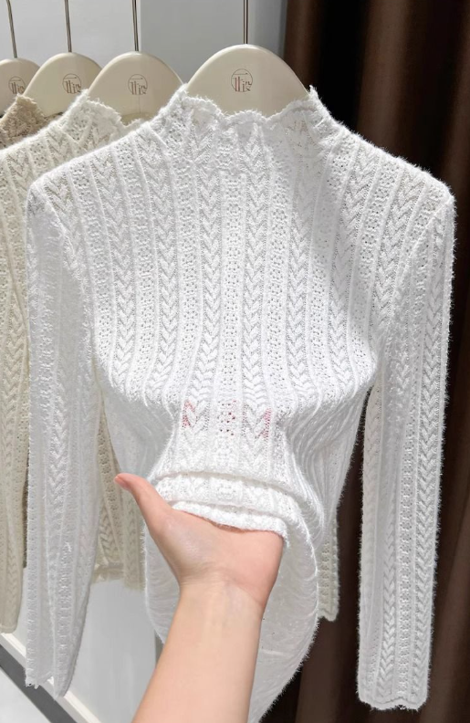 Sheer Pointelle Knit Mock Neck Layering Top - view 20