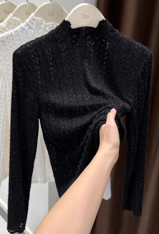 Sheer Pointelle Knit Mock Neck Layering Top - view 22