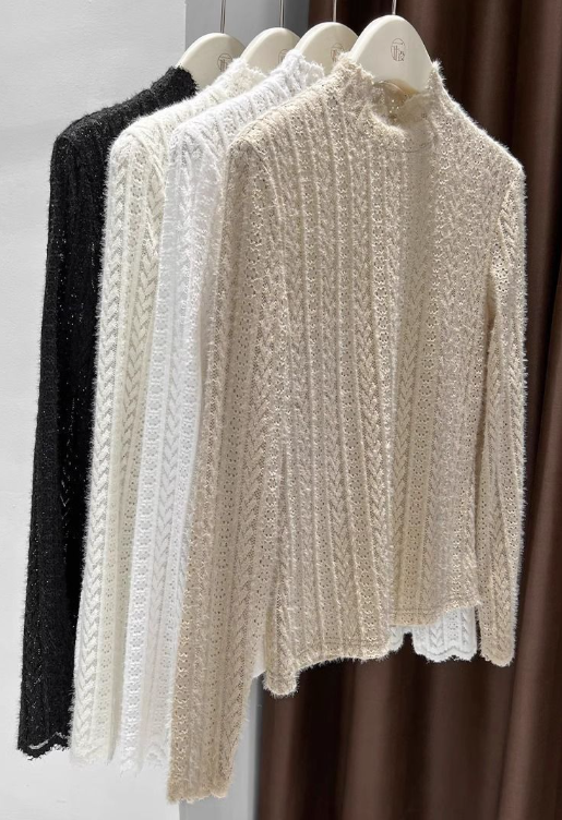 Sheer Pointelle Knit Mock Neck Layering Top - view 7
