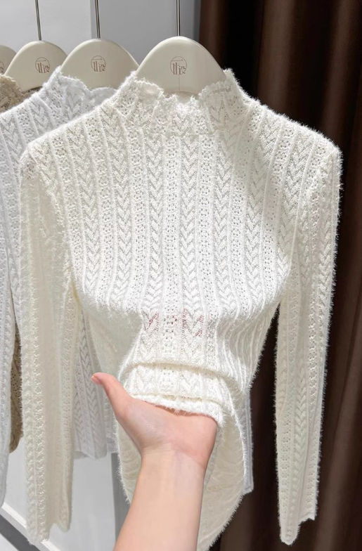 Sheer Pointelle Knit Mock Neck Layering Top - view 9
