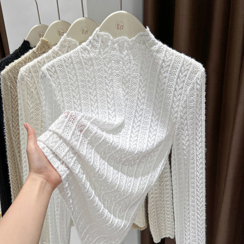 Sheer Pointelle Knit Mock Neck Layering Top - white